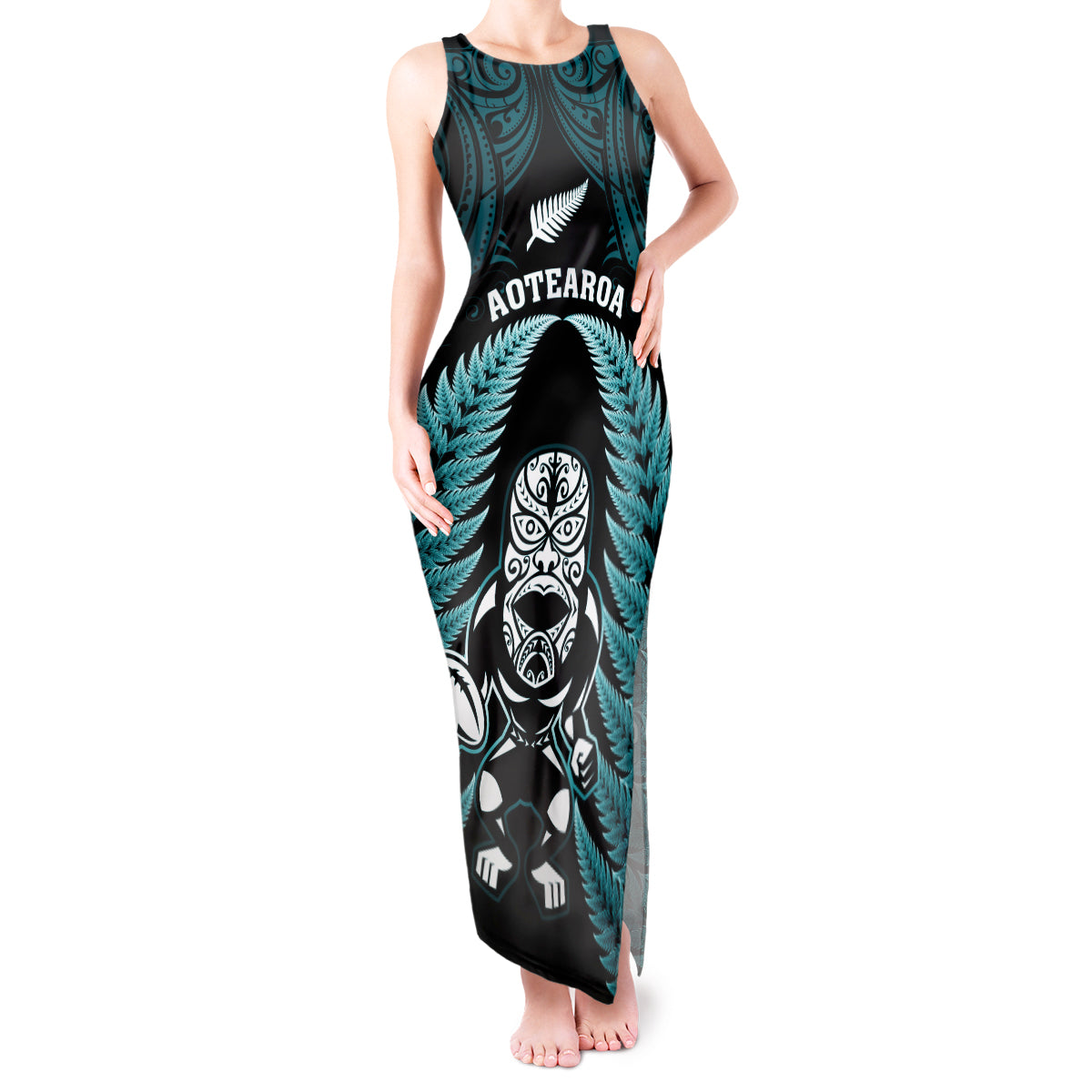 new-zealand-aotearoa-rugby-tank-maxi-dress-nz-tiki-with-maori-fern-world-cup-turquoise-version