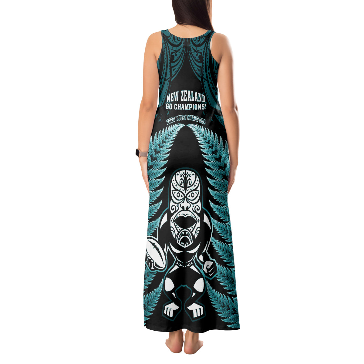 new-zealand-aotearoa-rugby-tank-maxi-dress-nz-tiki-with-maori-fern-world-cup-turquoise-version