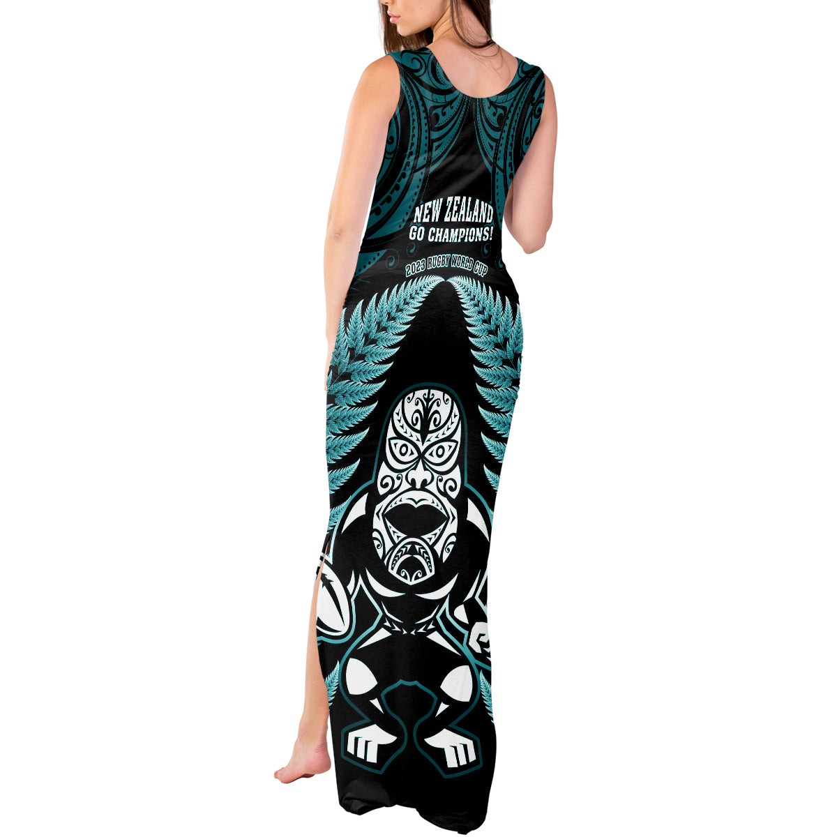 new-zealand-aotearoa-rugby-tank-maxi-dress-nz-tiki-with-maori-fern-world-cup-turquoise-version