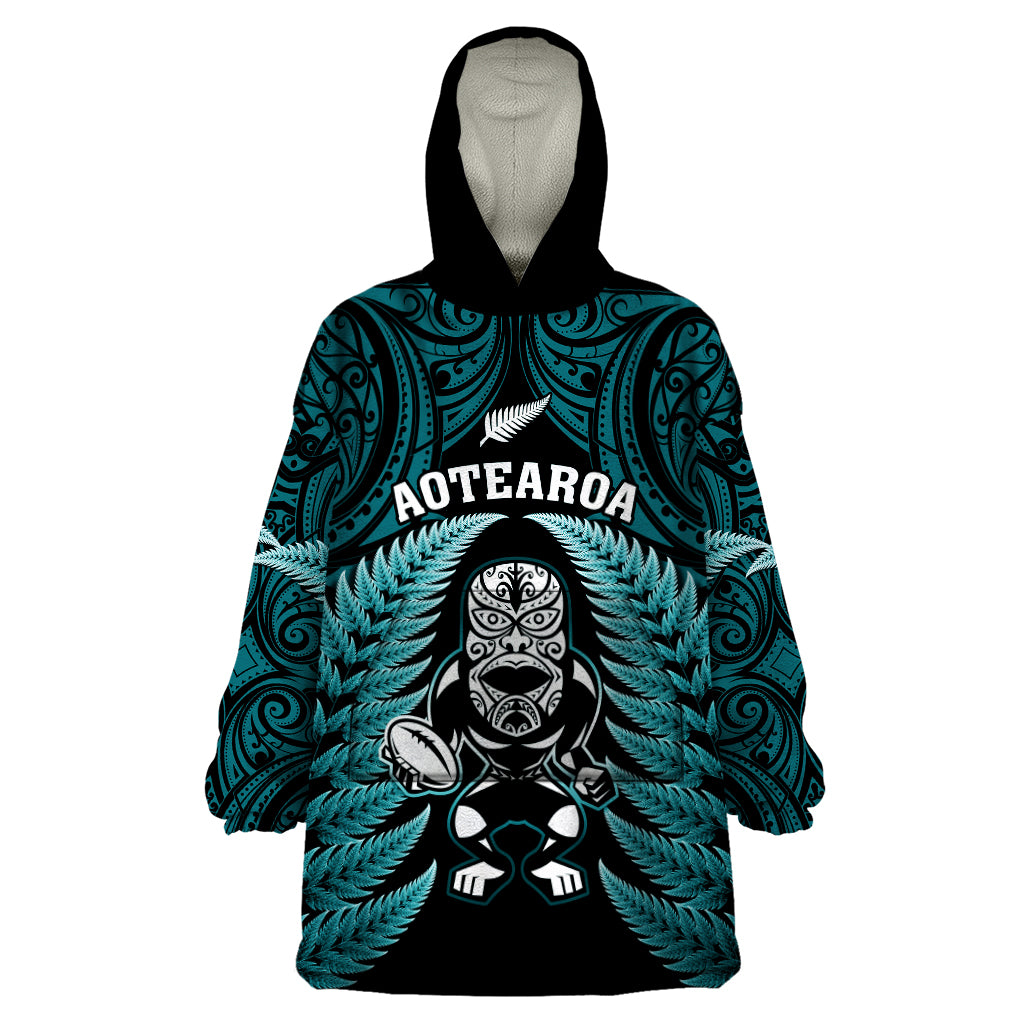 New Zealand Aotearoa Rugby Wearable Blanket Hoodie NZ Tiki With Maori Fern World Cup Turquoise Version - Vibe Hoodie Shop