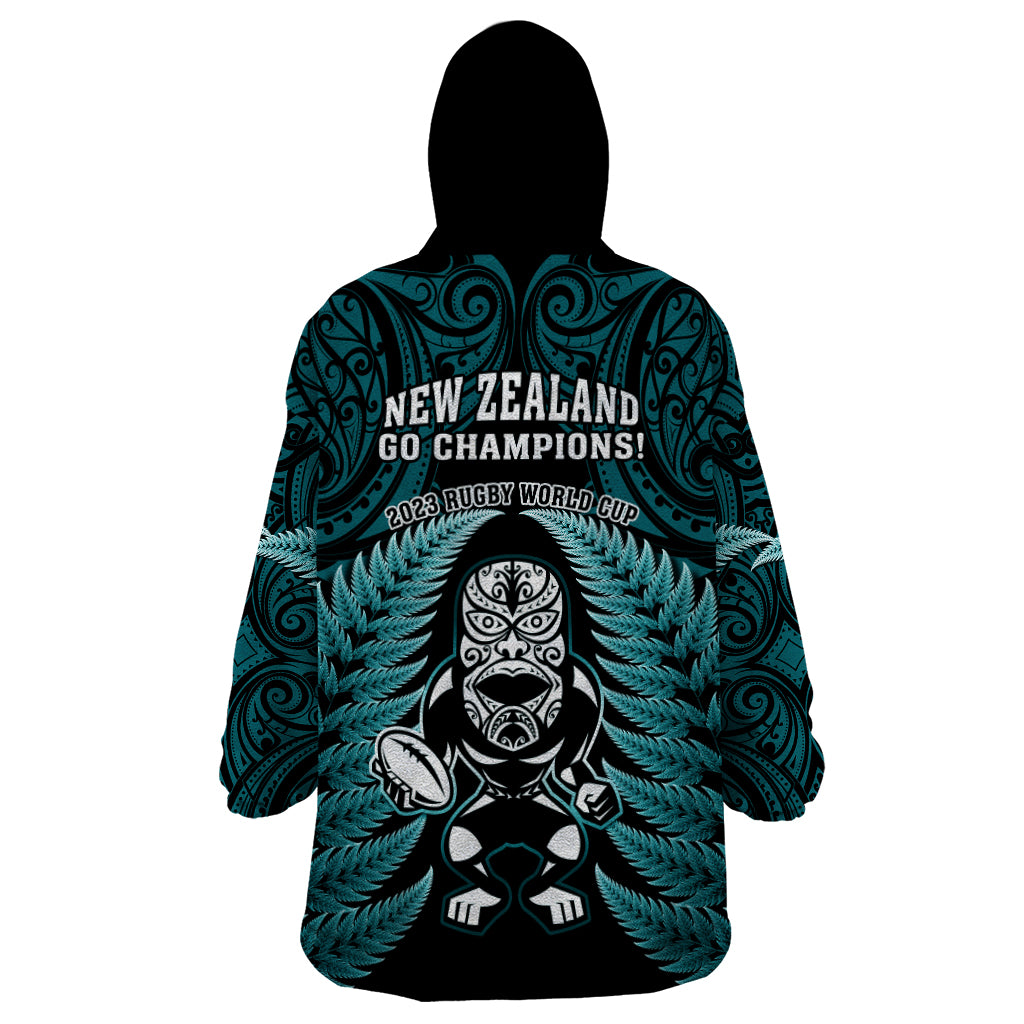 New Zealand Aotearoa Rugby Wearable Blanket Hoodie NZ Tiki With Maori Fern World Cup Turquoise Version - Vibe Hoodie Shop