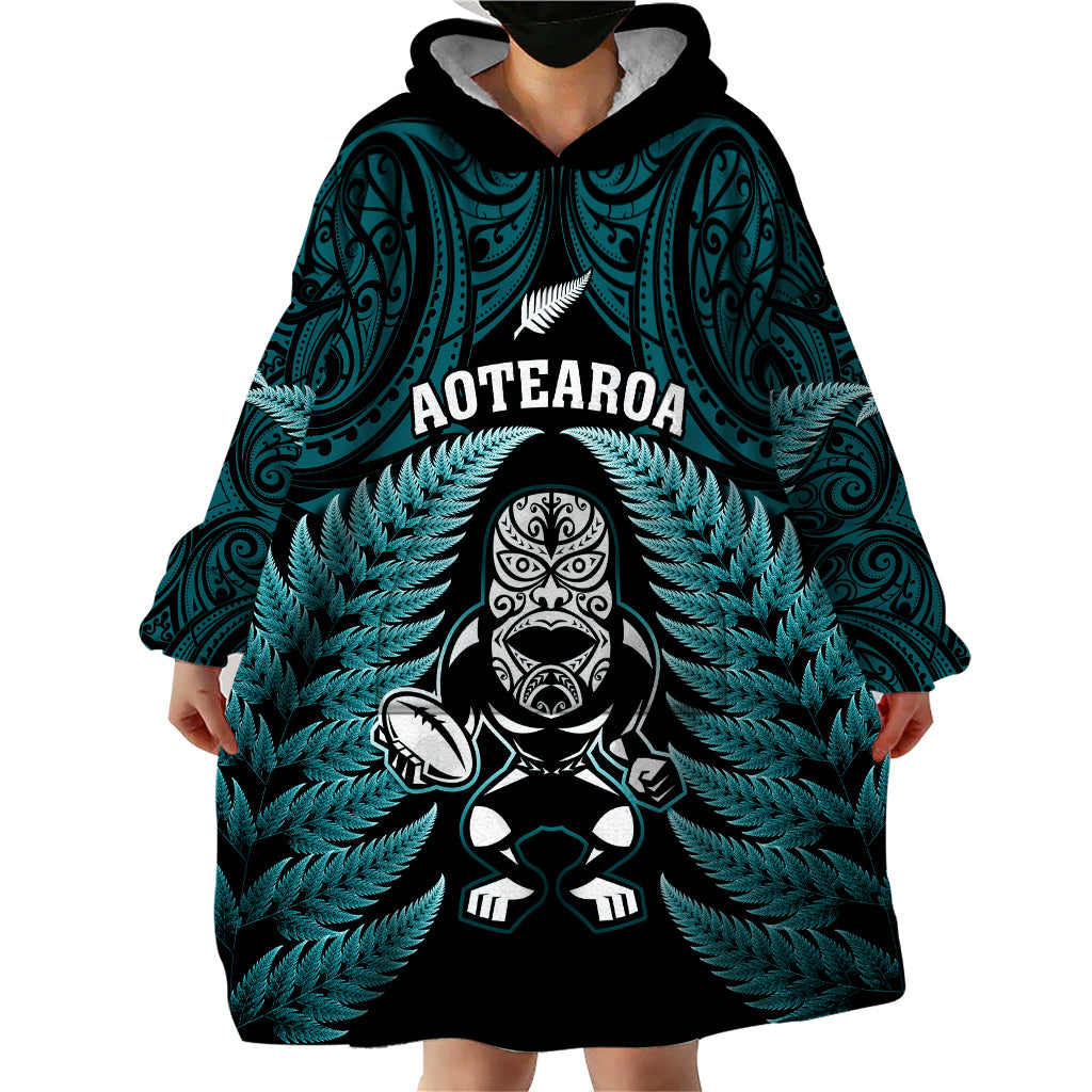 New Zealand Aotearoa Rugby Wearable Blanket Hoodie NZ Tiki With Maori Fern World Cup Turquoise Version - Vibe Hoodie Shop