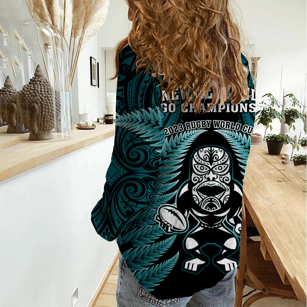 New Zealand Aotearoa Rugby Women Casual Shirt NZ Tiki With Maori Fern World Cup Turquoise Version - Vibe Hoodie Shop