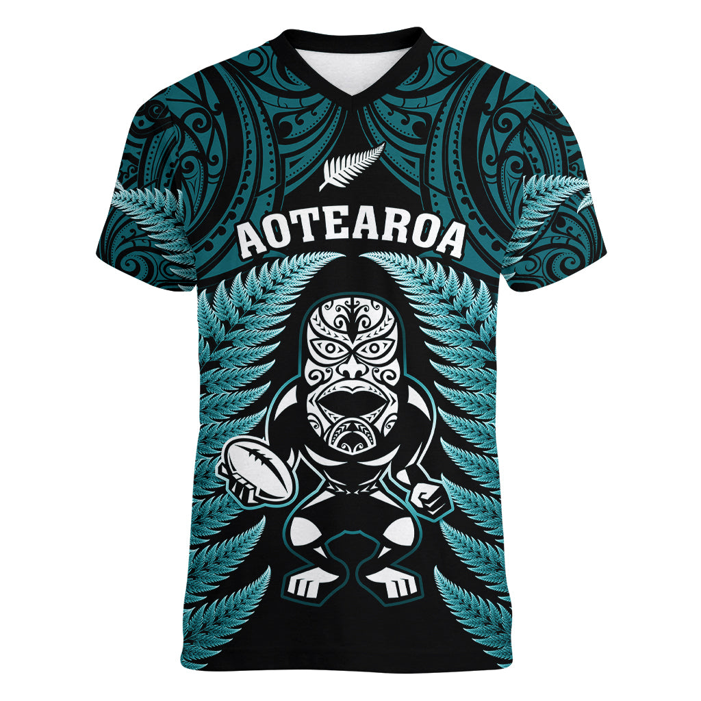 New Zealand Aotearoa Rugby Women V Neck T Shirt NZ Tiki With Maori Fern World Cup Turquoise Version - Vibe Hoodie Shop