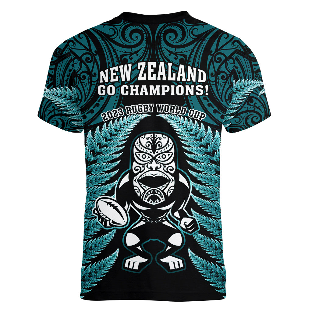 New Zealand Aotearoa Rugby Women V Neck T Shirt NZ Tiki With Maori Fern World Cup Turquoise Version - Vibe Hoodie Shop