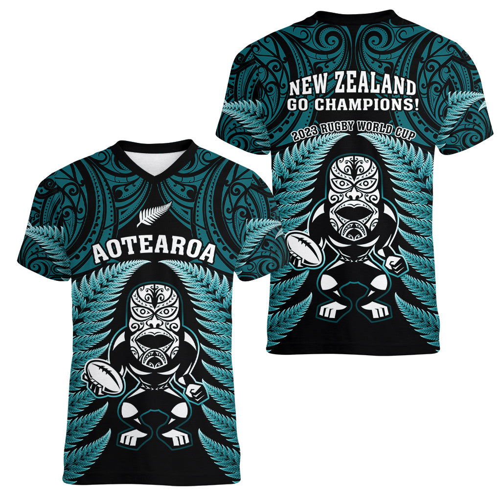 New Zealand Aotearoa Rugby Women V Neck T Shirt NZ Tiki With Maori Fern World Cup Turquoise Version - Vibe Hoodie Shop