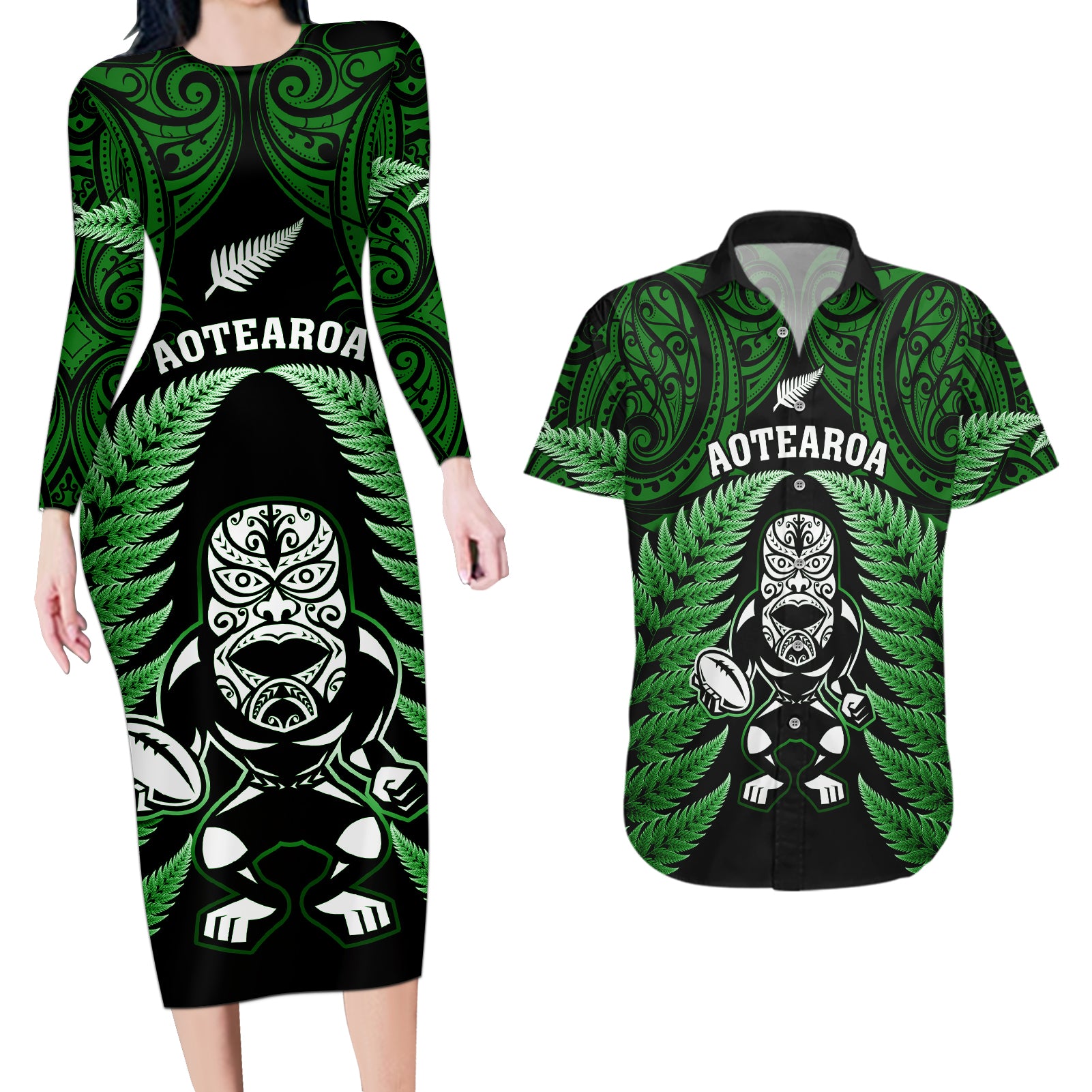 new-zealand-aotearoa-rugby-couples-matching-long-sleeve-bodycon-dress-and-hawaiian-shirt-nz-tiki-with-maori-fern-world-cup-green-version