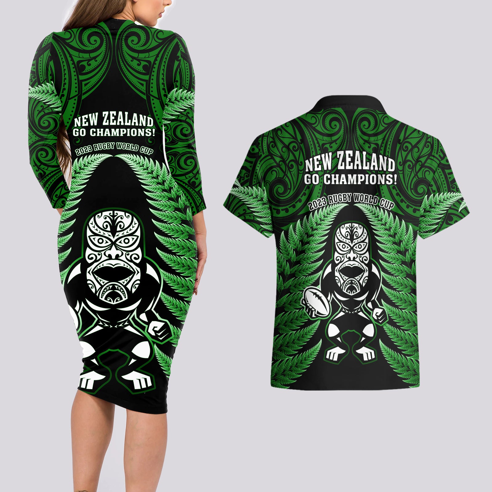 new-zealand-aotearoa-rugby-couples-matching-long-sleeve-bodycon-dress-and-hawaiian-shirt-nz-tiki-with-maori-fern-world-cup-green-version