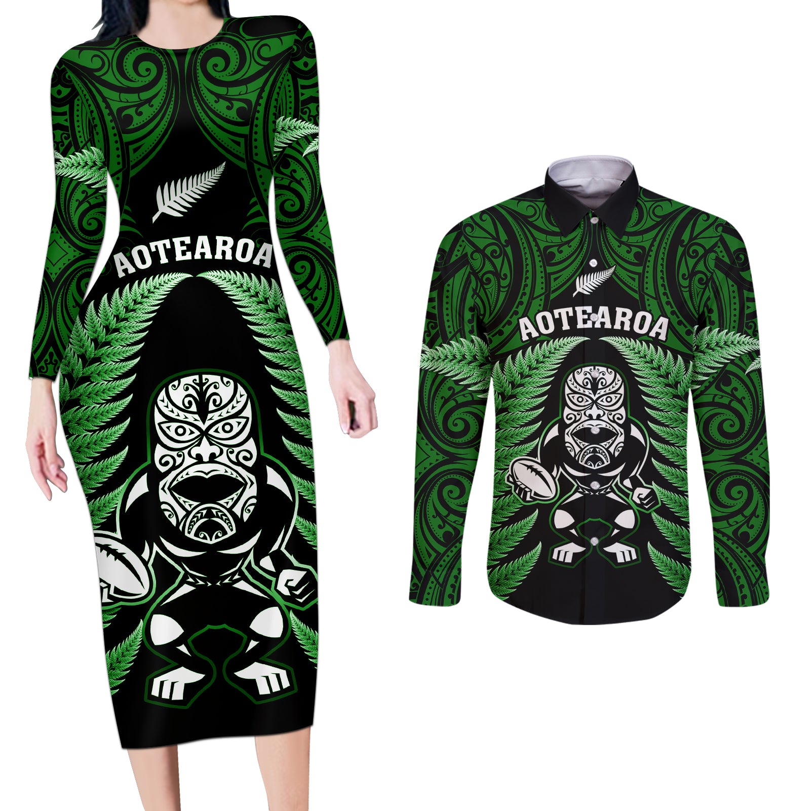 new-zealand-aotearoa-rugby-couples-matching-long-sleeve-bodycon-dress-and-long-sleeve-button-shirts-nz-tiki-with-maori-fern-world-cup-green-version