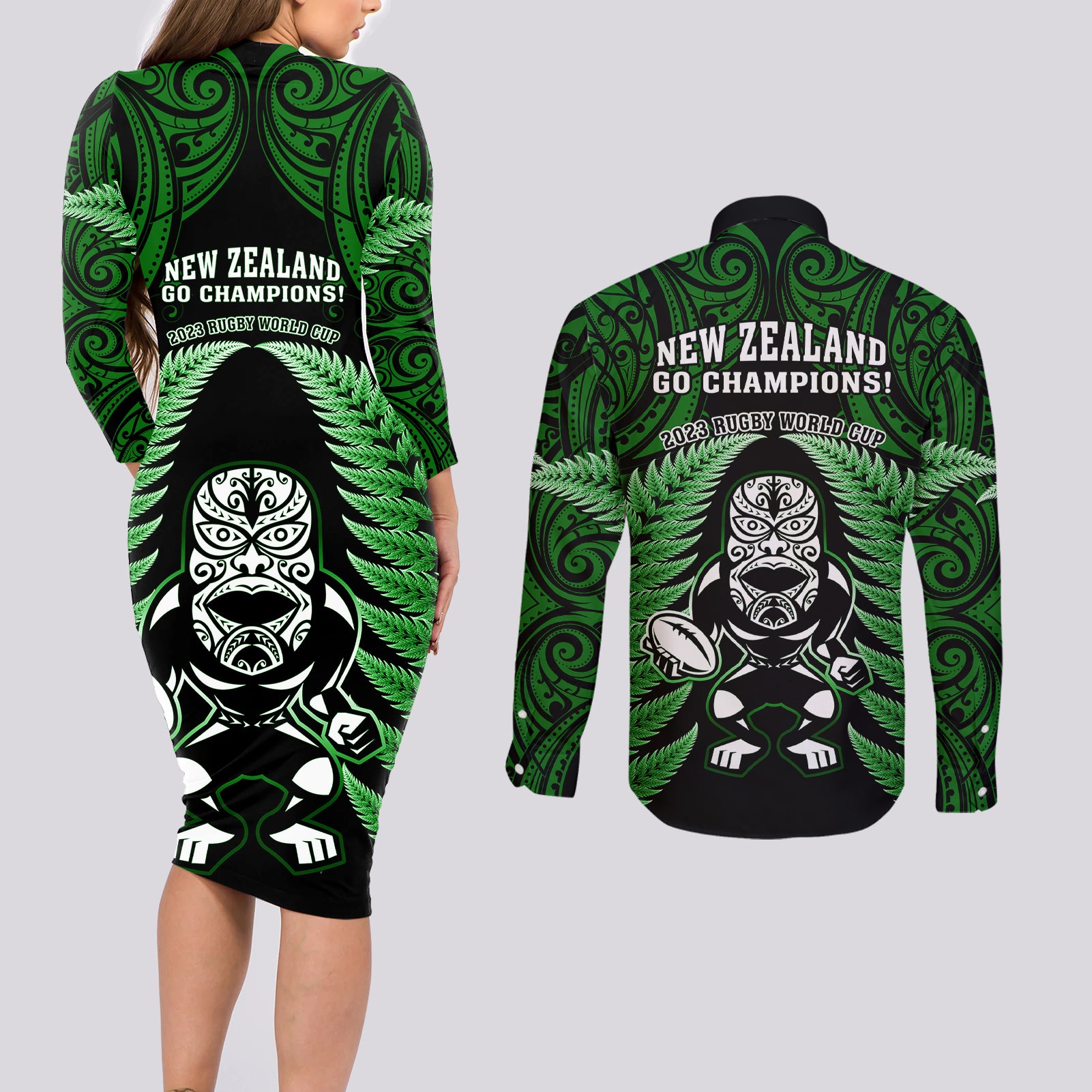 new-zealand-aotearoa-rugby-couples-matching-long-sleeve-bodycon-dress-and-long-sleeve-button-shirts-nz-tiki-with-maori-fern-world-cup-green-version