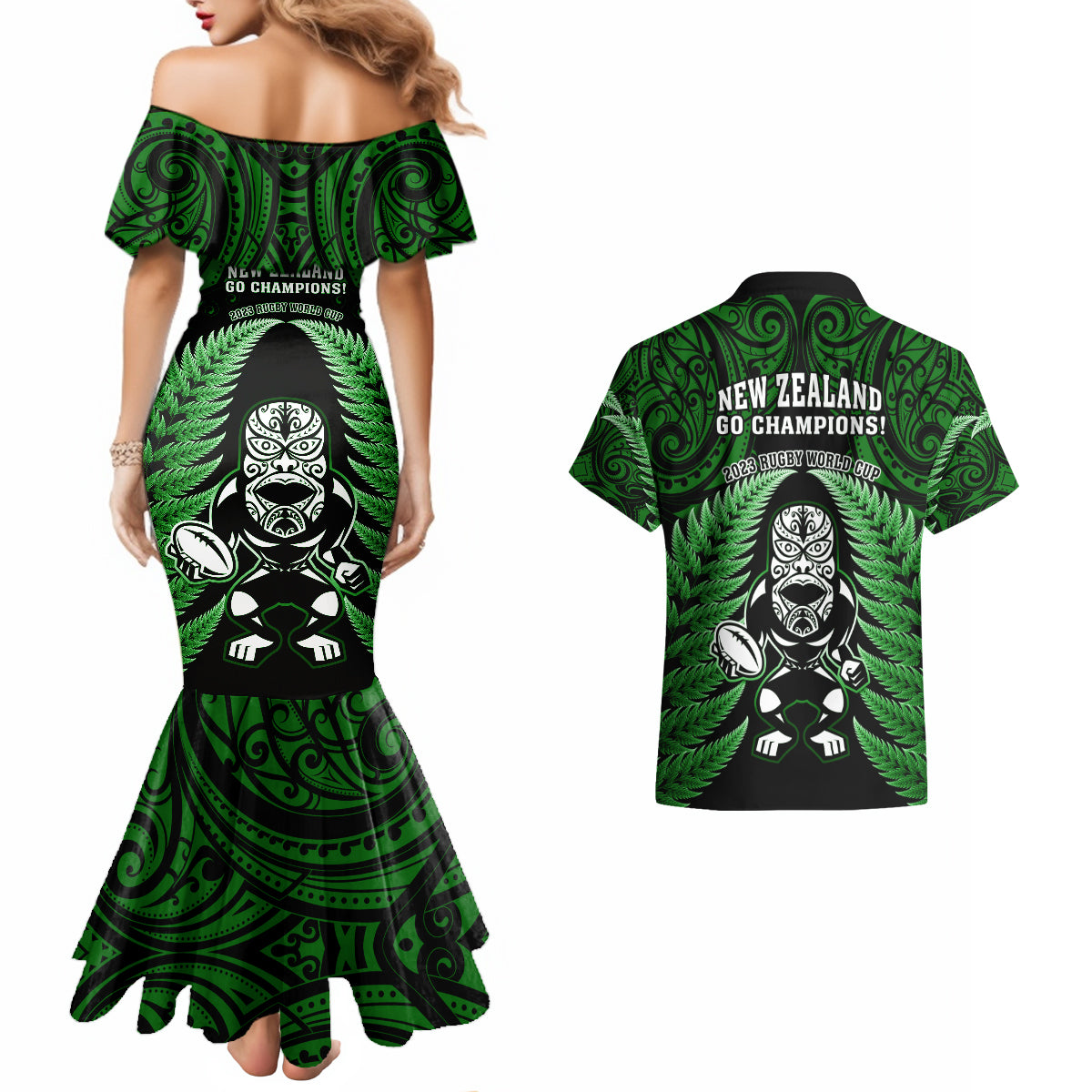 new-zealand-aotearoa-rugby-couples-matching-mermaid-dress-and-hawaiian-shirt-nz-tiki-with-maori-fern-world-cup-green-version