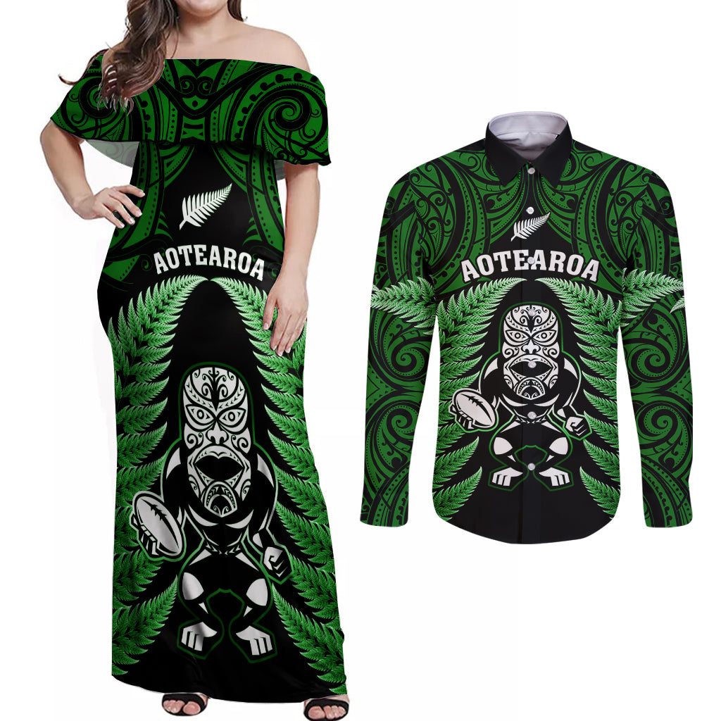 new-zealand-aotearoa-rugby-couples-matching-off-shoulder-maxi-dress-and-long-sleeve-button-shirts-nz-tiki-with-maori-fern-world-cup-green-version