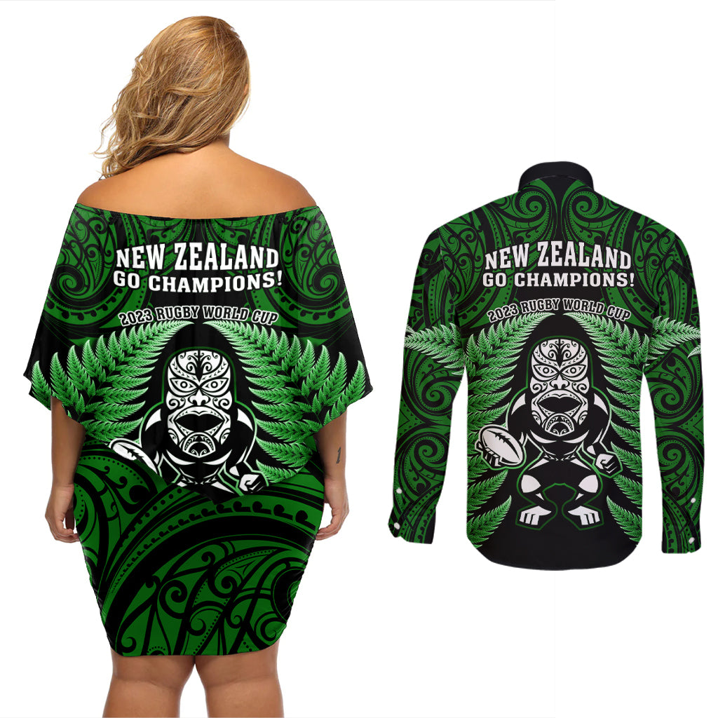 new-zealand-aotearoa-rugby-couples-matching-off-shoulder-short-dress-and-long-sleeve-button-shirts-nz-tiki-with-maori-fern-world-cup-green-version
