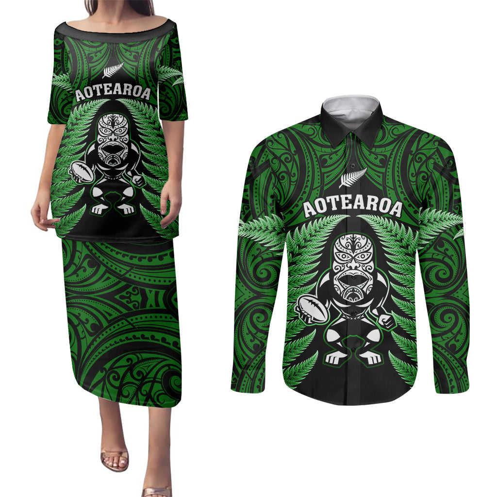 new-zealand-aotearoa-rugby-couples-matching-puletasi-dress-and-long-sleeve-button-shirts-nz-tiki-with-maori-fern-world-cup-green-version