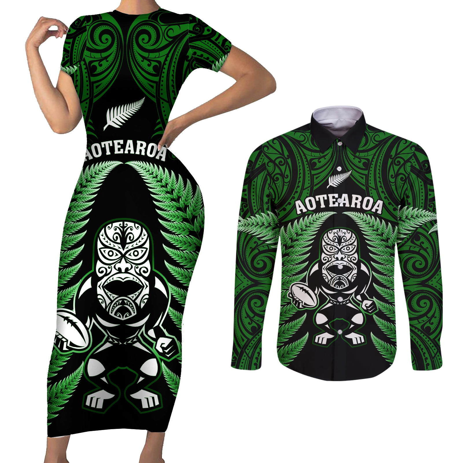 new-zealand-aotearoa-rugby-couples-matching-short-sleeve-bodycon-dress-and-long-sleeve-button-shirts-nz-tiki-with-maori-fern-world-cup-green-version
