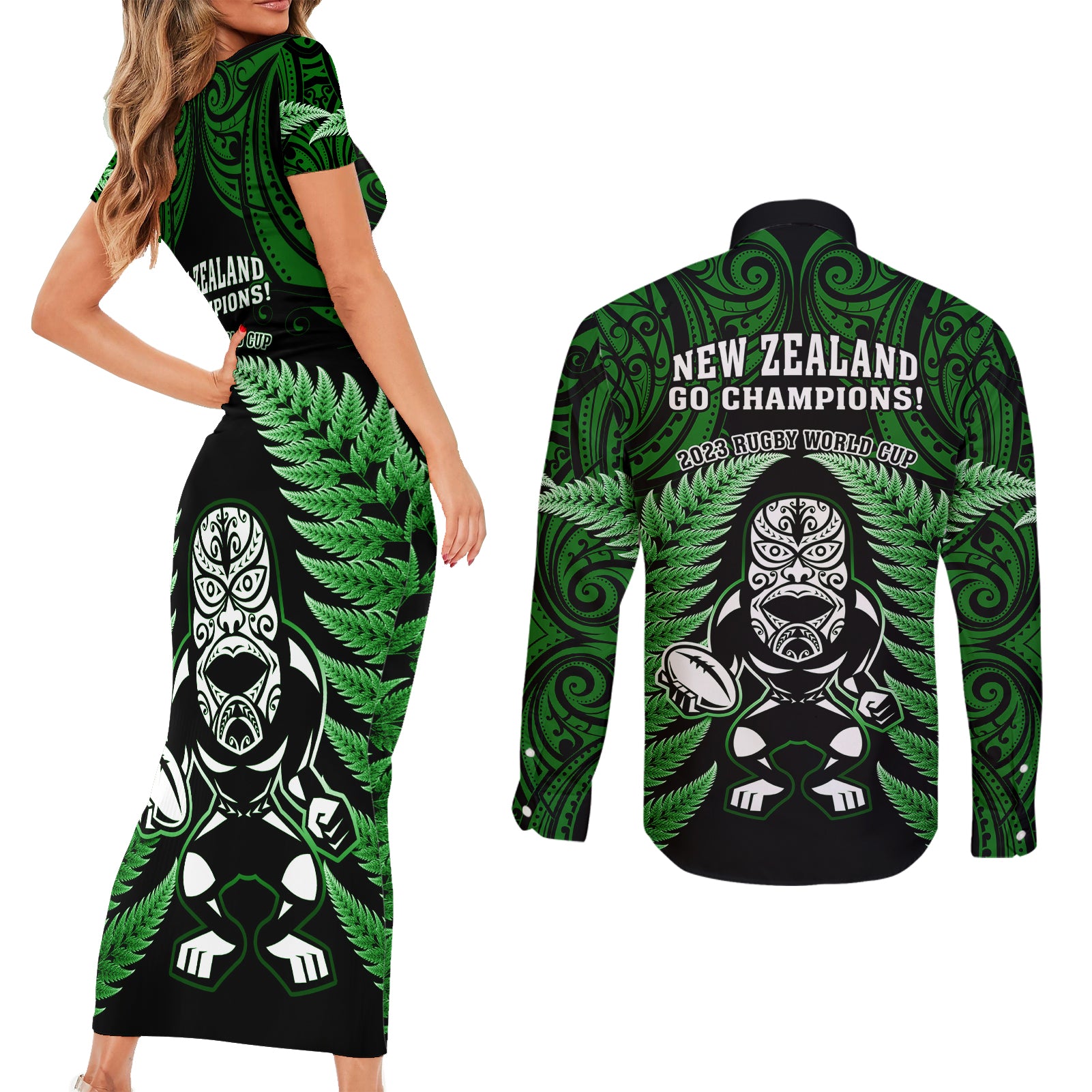 new-zealand-aotearoa-rugby-couples-matching-short-sleeve-bodycon-dress-and-long-sleeve-button-shirts-nz-tiki-with-maori-fern-world-cup-green-version