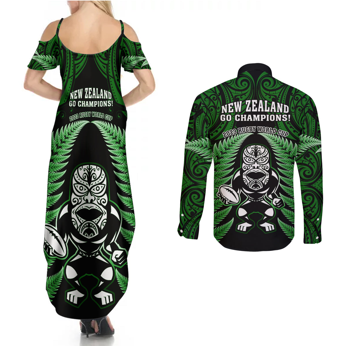 new-zealand-aotearoa-rugby-couples-matching-summer-maxi-dress-and-long-sleeve-button-shirts-nz-tiki-with-maori-fern-world-cup-green-version
