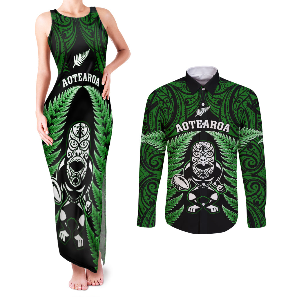 new-zealand-aotearoa-rugby-couples-matching-tank-maxi-dress-and-long-sleeve-button-shirts-nz-tiki-with-maori-fern-world-cup-green-version