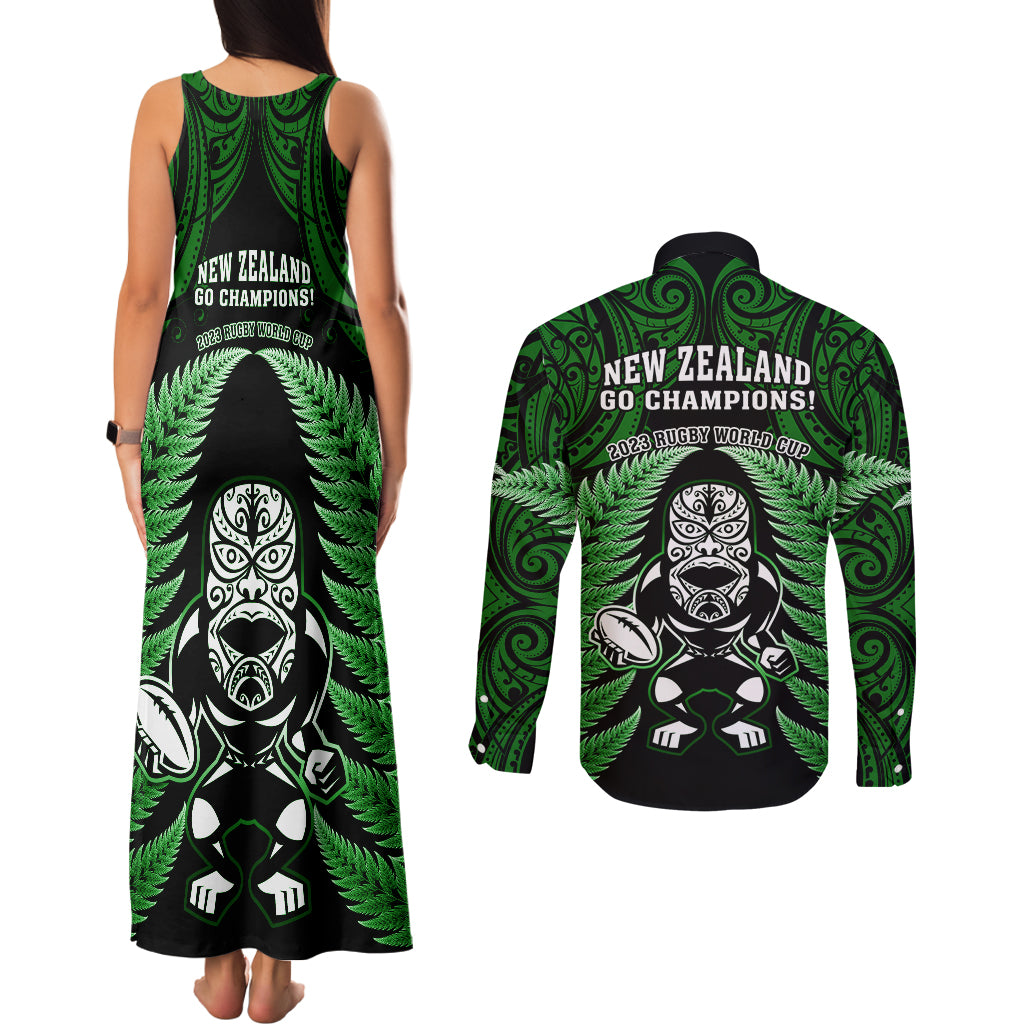 new-zealand-aotearoa-rugby-couples-matching-tank-maxi-dress-and-long-sleeve-button-shirts-nz-tiki-with-maori-fern-world-cup-green-version