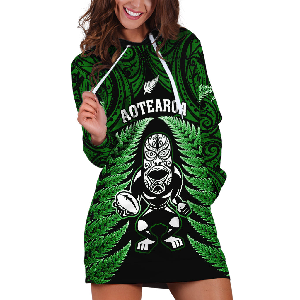 New Zealand Aotearoa Rugby Hoodie Dress NZ Tiki With Maori Fern World Cup Green Version - Vibe Hoodie Shop