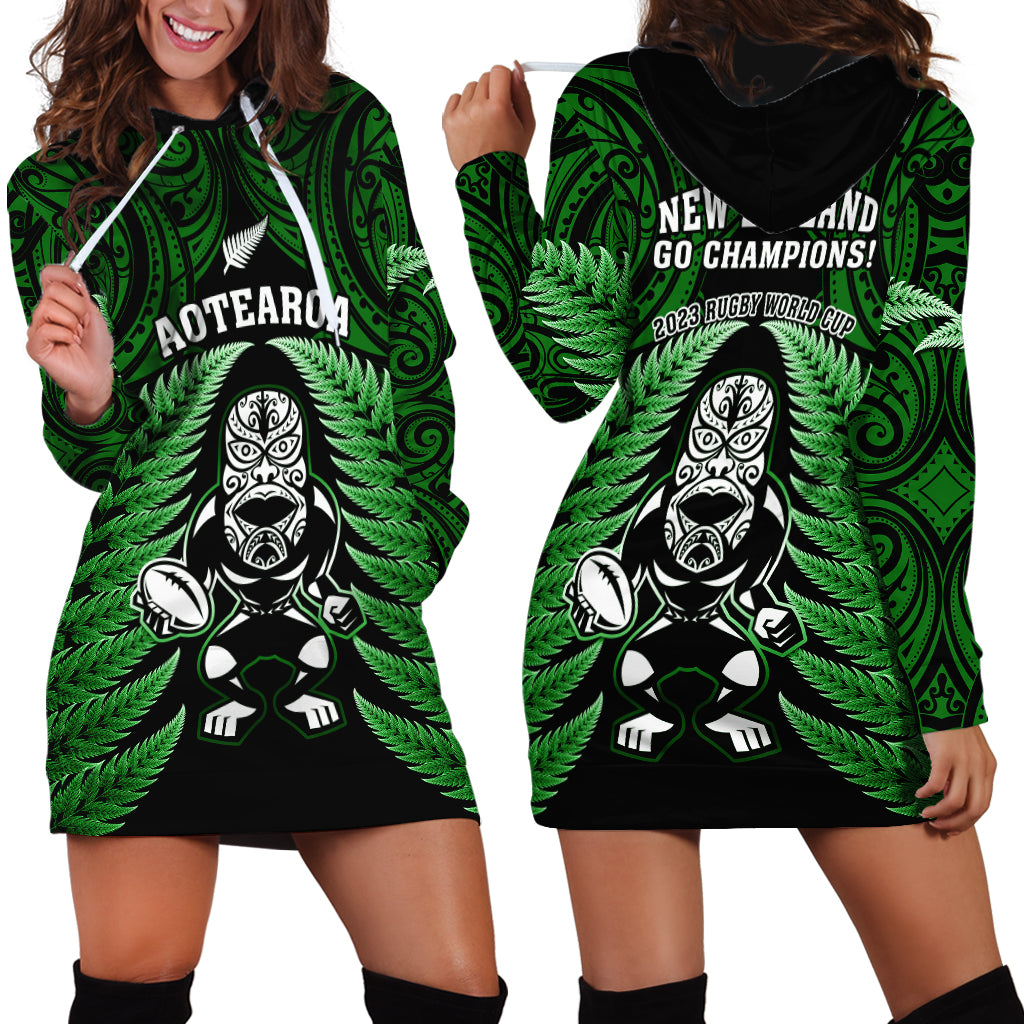 New Zealand Aotearoa Rugby Hoodie Dress NZ Tiki With Maori Fern World Cup Green Version - Vibe Hoodie Shop