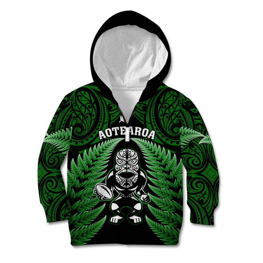 New Zealand Aotearoa Rugby Kid Hoodie NZ Tiki With Maori Fern World Cup Green Version - Vibe Hoodie Shop
