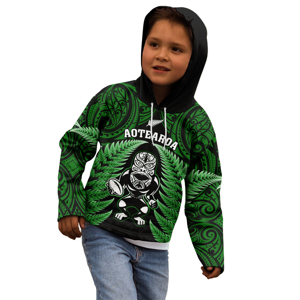 New Zealand Aotearoa Rugby Kid Hoodie NZ Tiki With Maori Fern World Cup Green Version - Vibe Hoodie Shop