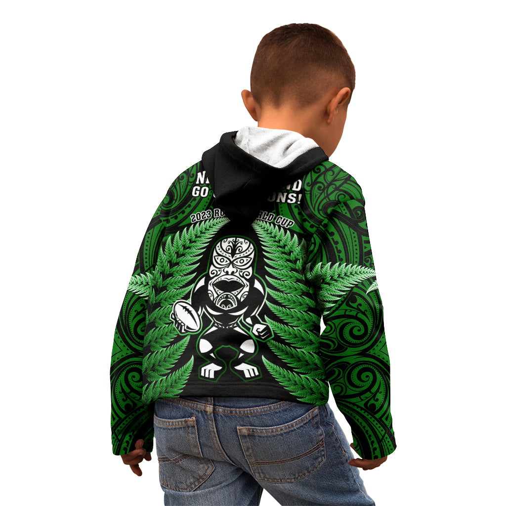 New Zealand Aotearoa Rugby Kid Hoodie NZ Tiki With Maori Fern World Cup Green Version - Vibe Hoodie Shop