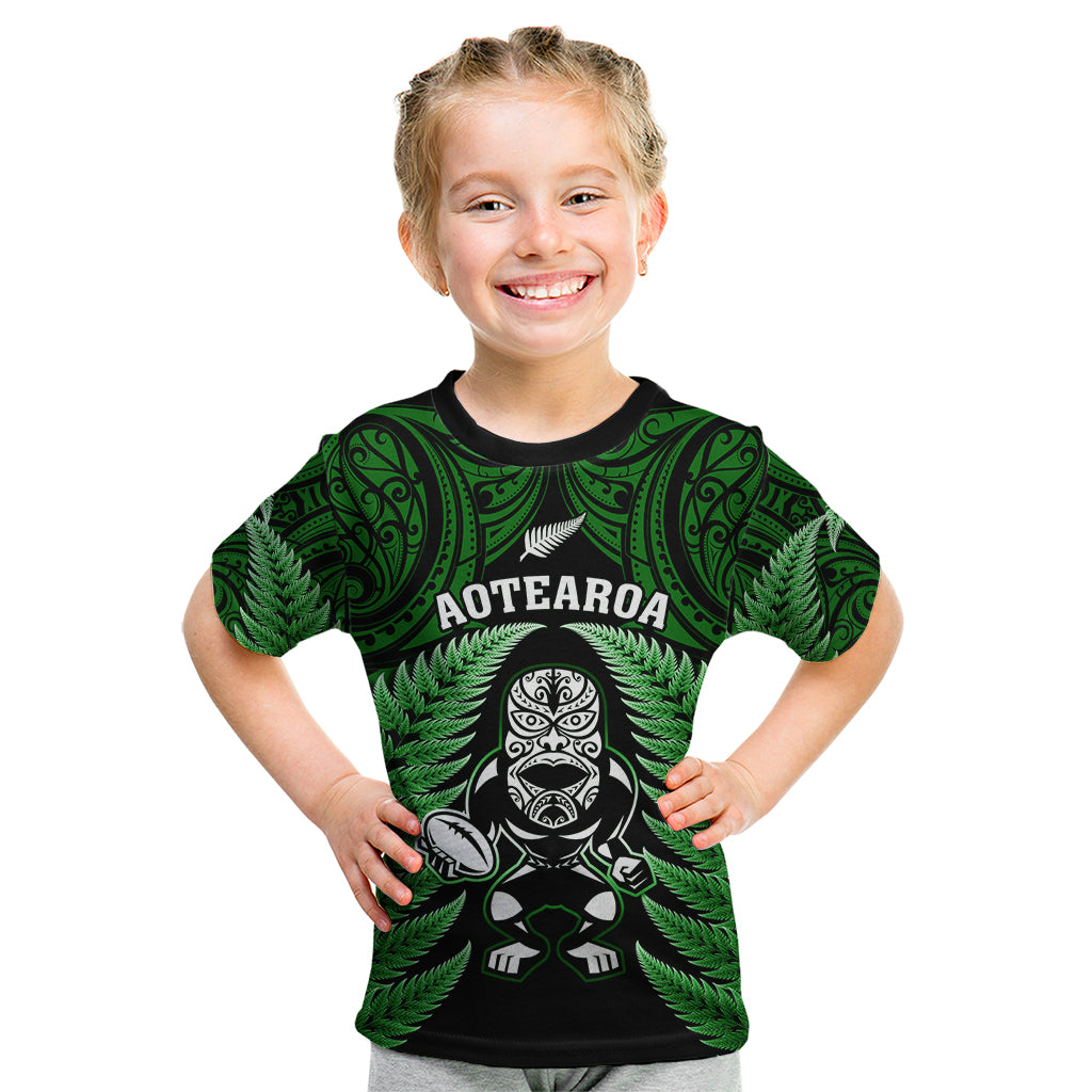 New Zealand Aotearoa Rugby Kid T Shirt NZ Tiki With Maori Fern World Cup Green Version - Vibe Hoodie Shop