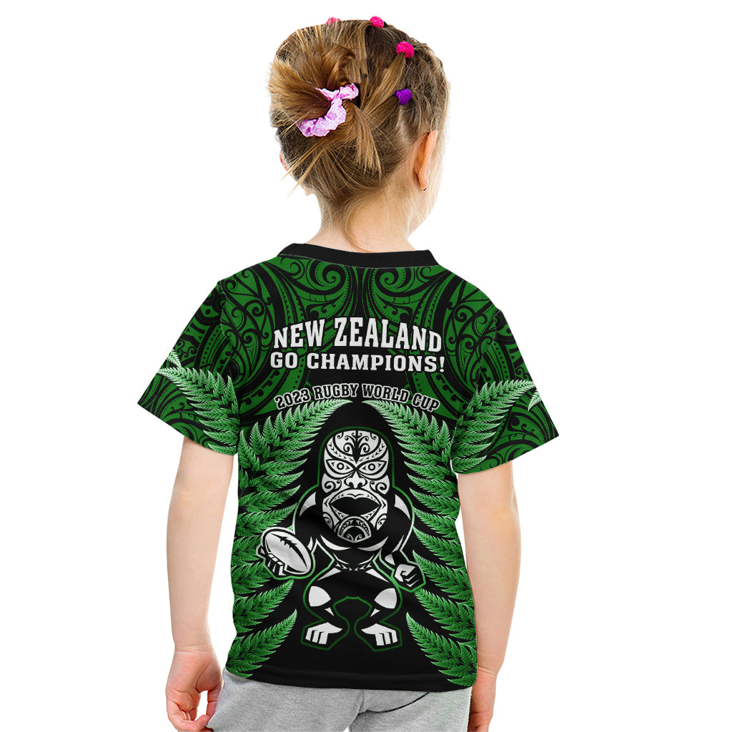New Zealand Aotearoa Rugby Kid T Shirt NZ Tiki With Maori Fern World Cup Green Version - Vibe Hoodie Shop