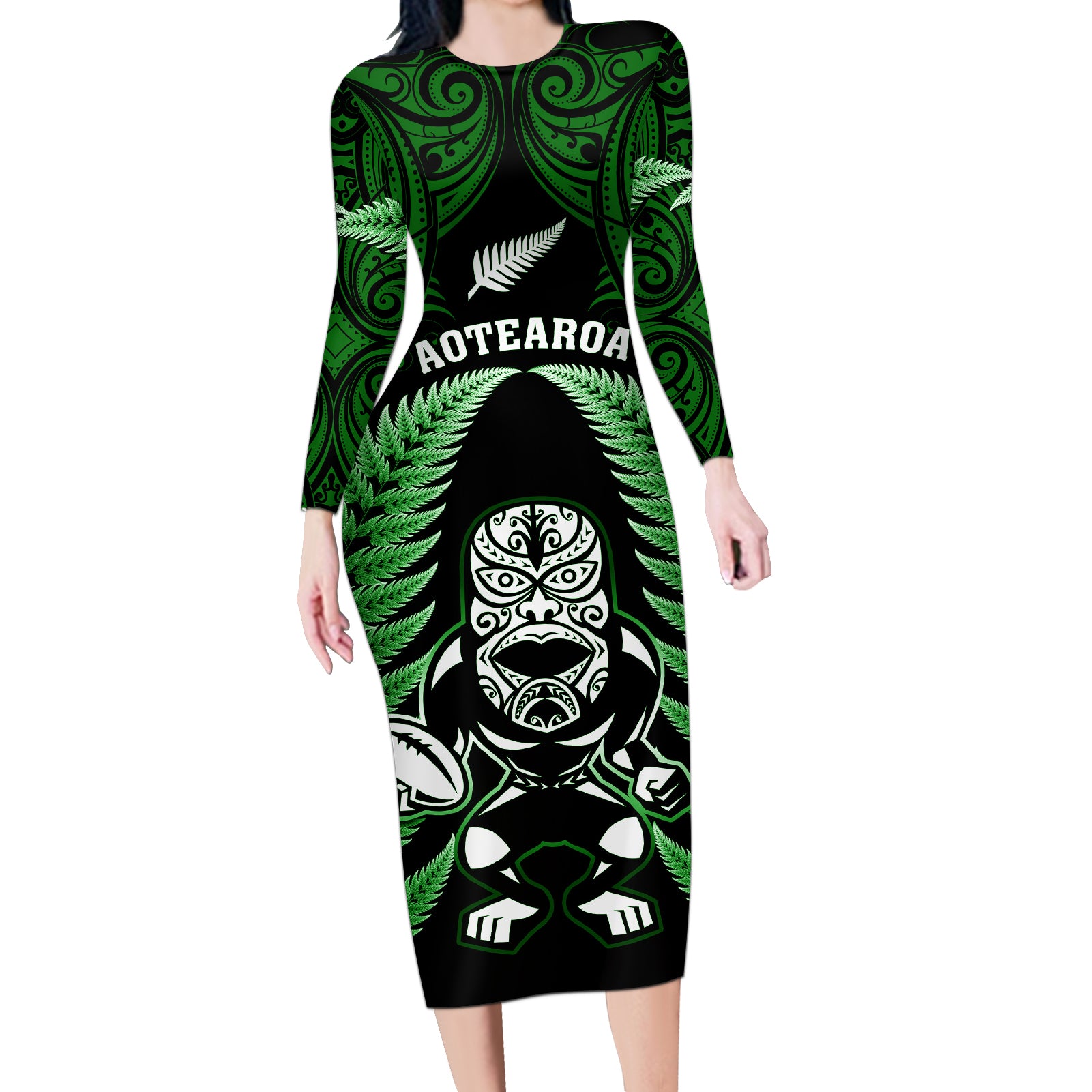 new-zealand-aotearoa-rugby-long-sleeve-bodycon-dress-nz-tiki-with-maori-fern-world-cup-green-version