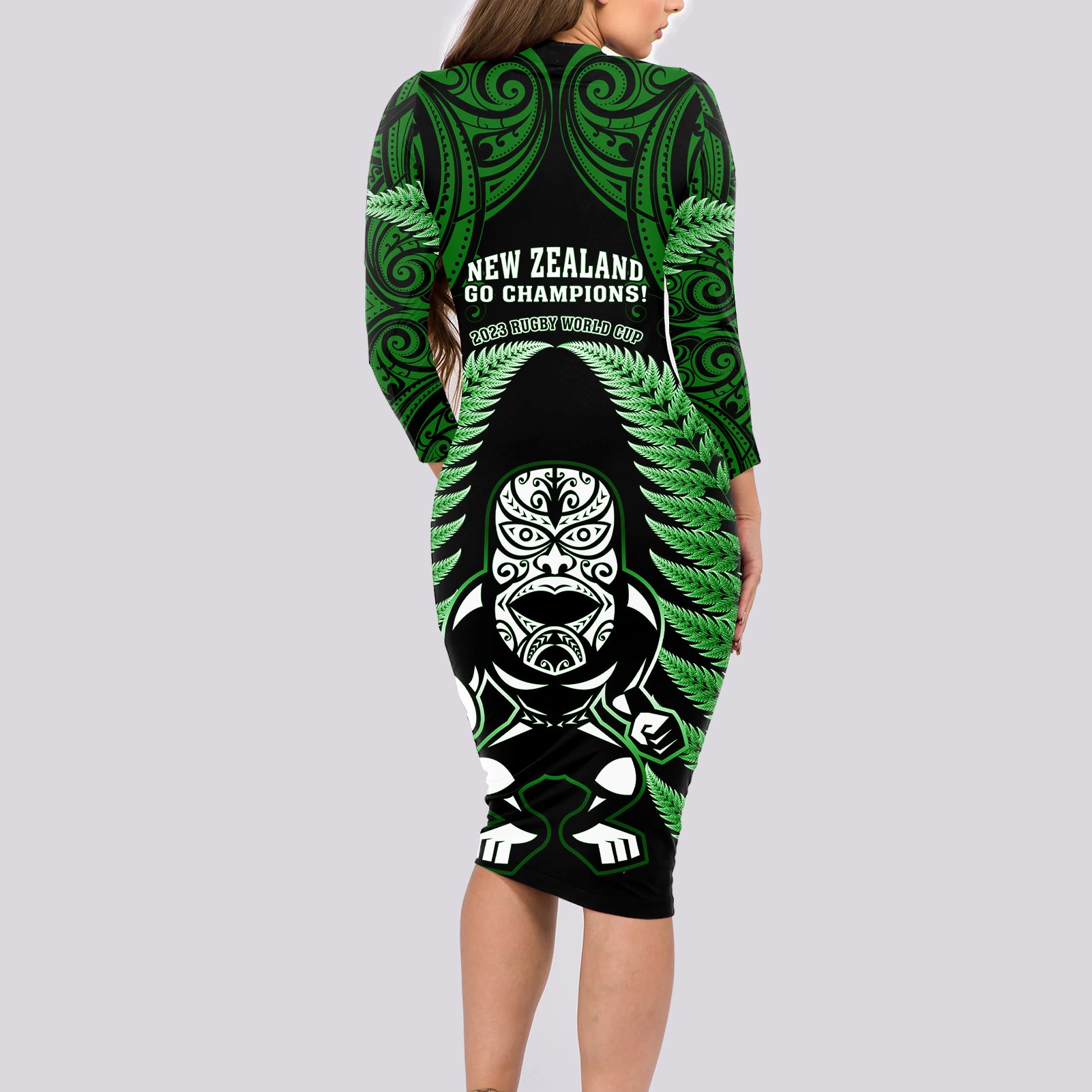 new-zealand-aotearoa-rugby-long-sleeve-bodycon-dress-nz-tiki-with-maori-fern-world-cup-green-version