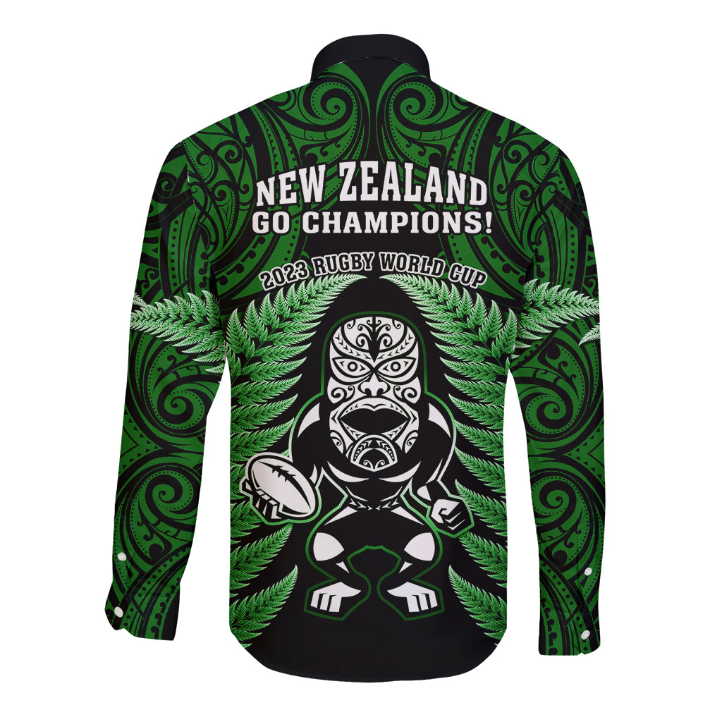 New Zealand Aotearoa Rugby Long Sleeve Button Shirt NZ Tiki With Maori Fern World Cup Green Version - Vibe Hoodie Shop