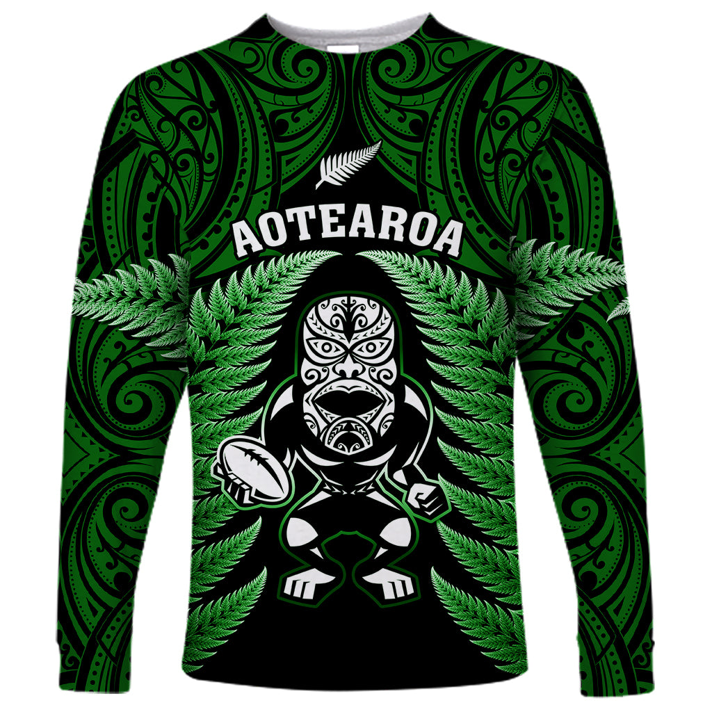 New Zealand Aotearoa Rugby Long Sleeve Shirt NZ Tiki With Maori Fern World Cup Green Version - Vibe Hoodie Shop