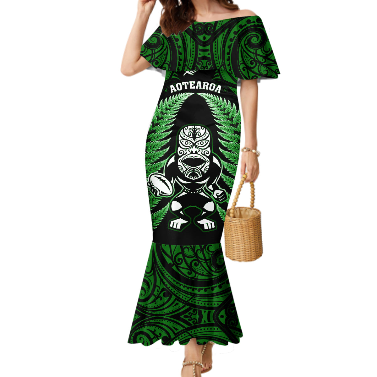 new-zealand-aotearoa-rugby-mermaid-dress-nz-tiki-with-maori-fern-world-cup-green-version