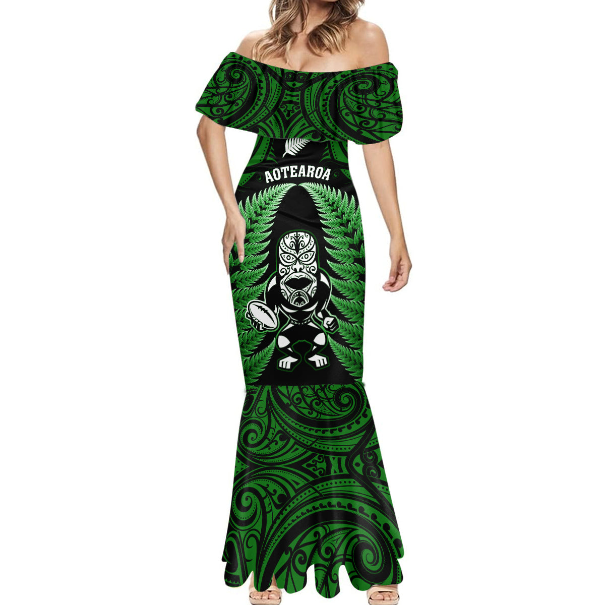 new-zealand-aotearoa-rugby-mermaid-dress-nz-tiki-with-maori-fern-world-cup-green-version