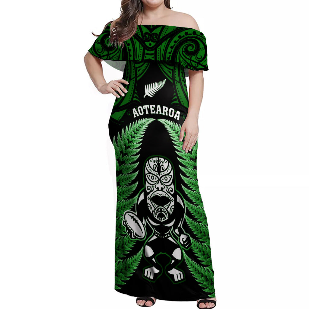 New Zealand Aotearoa Rugby Off Shoulder Maxi Dress NZ Tiki With Maori Fern World Cup Green Version - Vibe Hoodie Shop