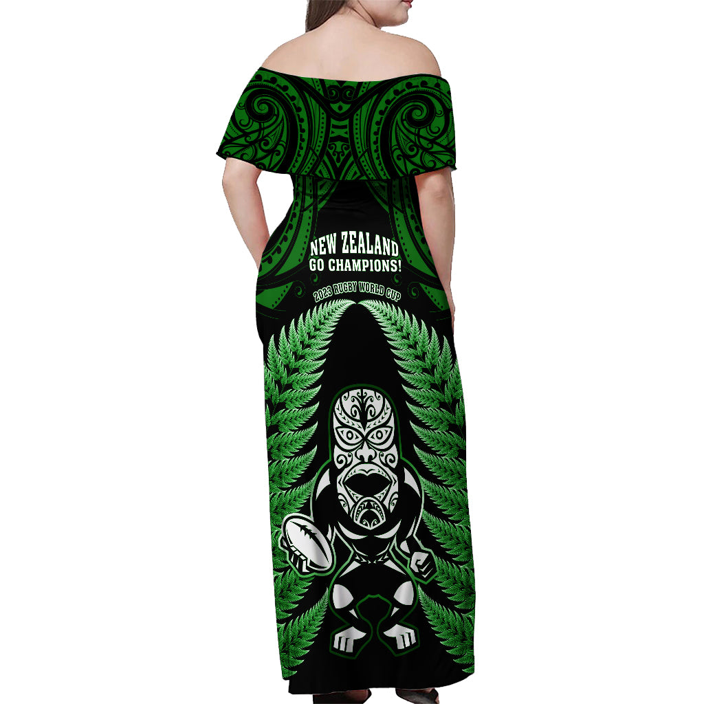 New Zealand Aotearoa Rugby Off Shoulder Maxi Dress NZ Tiki With Maori Fern World Cup Green Version - Vibe Hoodie Shop