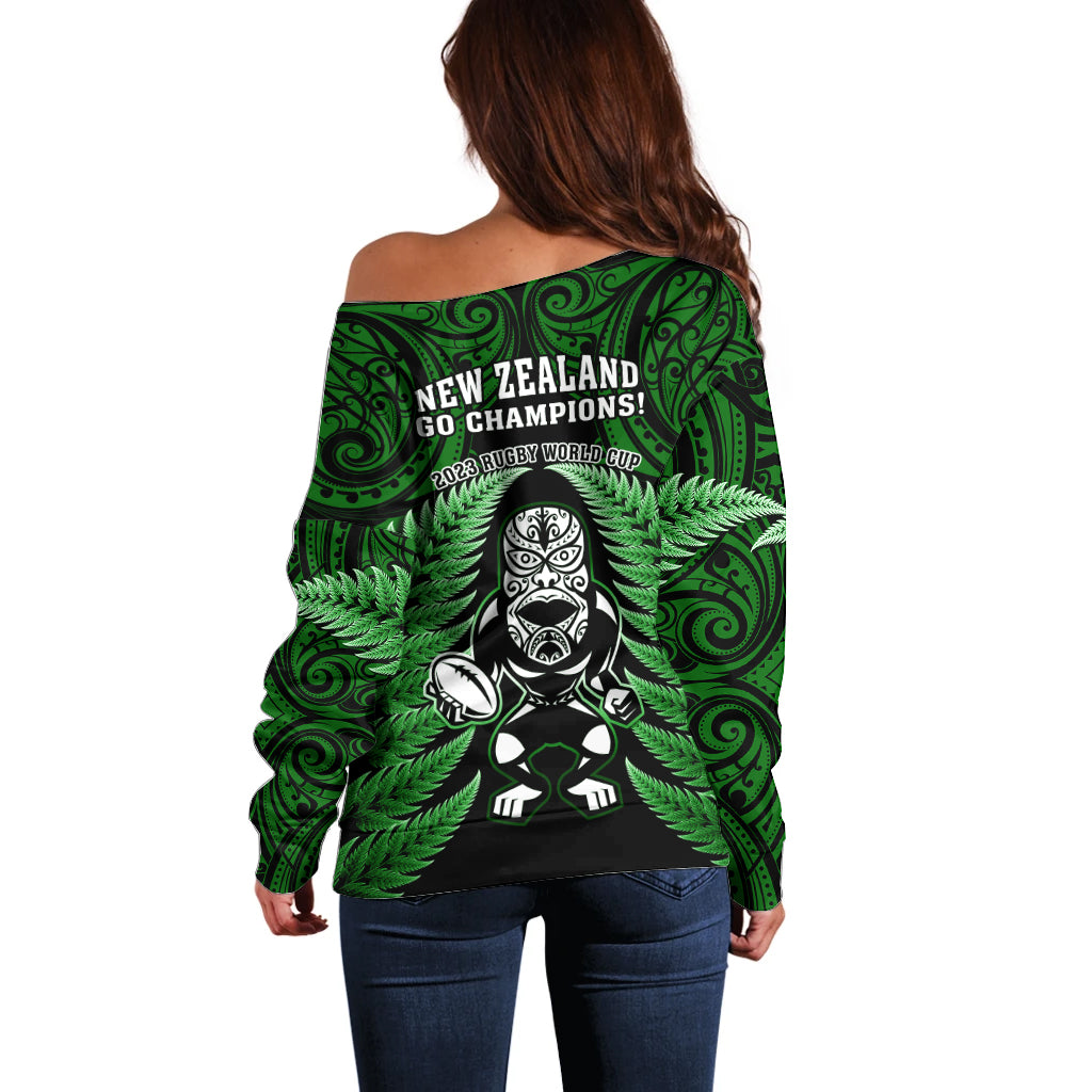 New Zealand Aotearoa Rugby Off Shoulder Sweater NZ Tiki With Maori Fern World Cup Green Version - Vibe Hoodie Shop