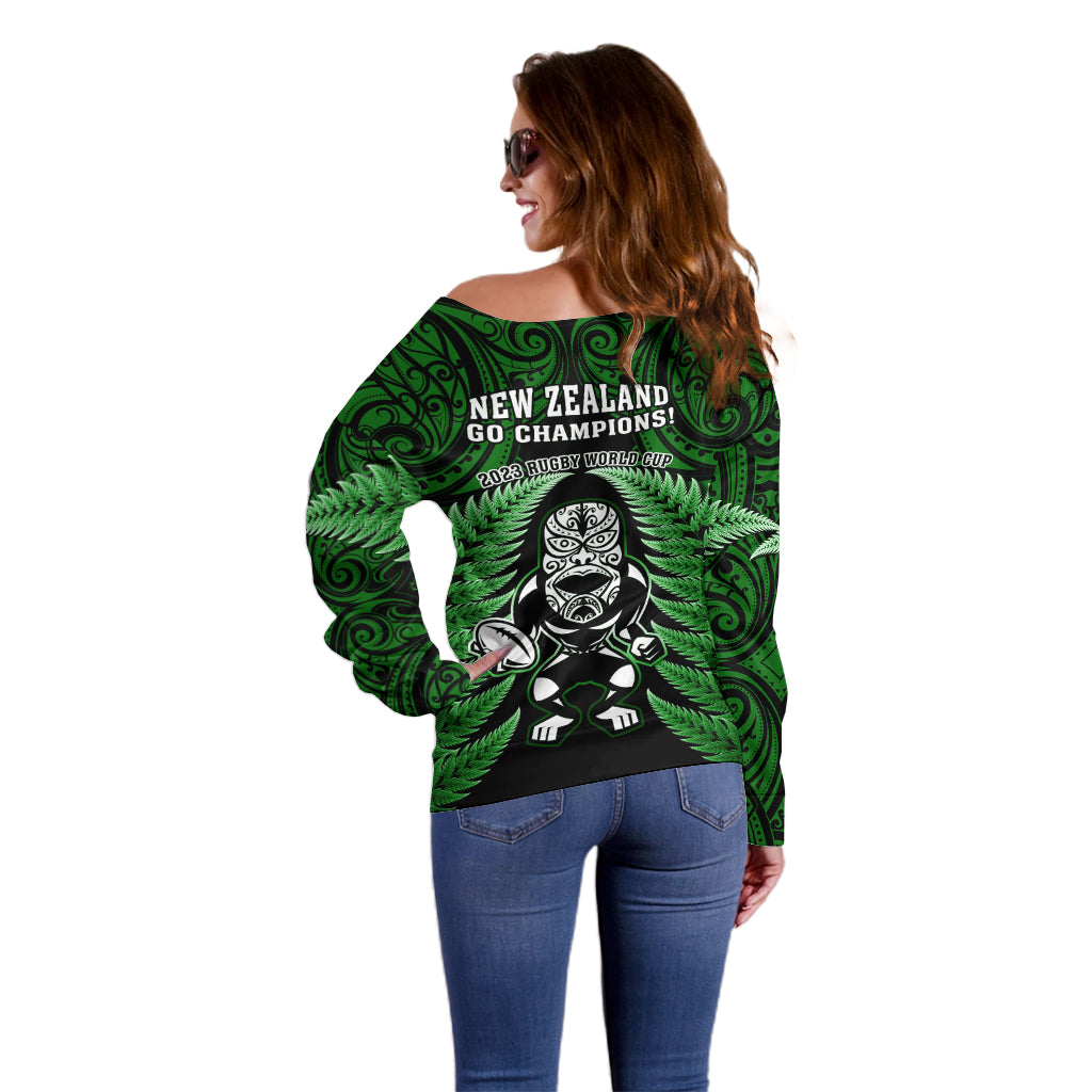 New Zealand Aotearoa Rugby Off Shoulder Sweater NZ Tiki With Maori Fern World Cup Green Version - Vibe Hoodie Shop