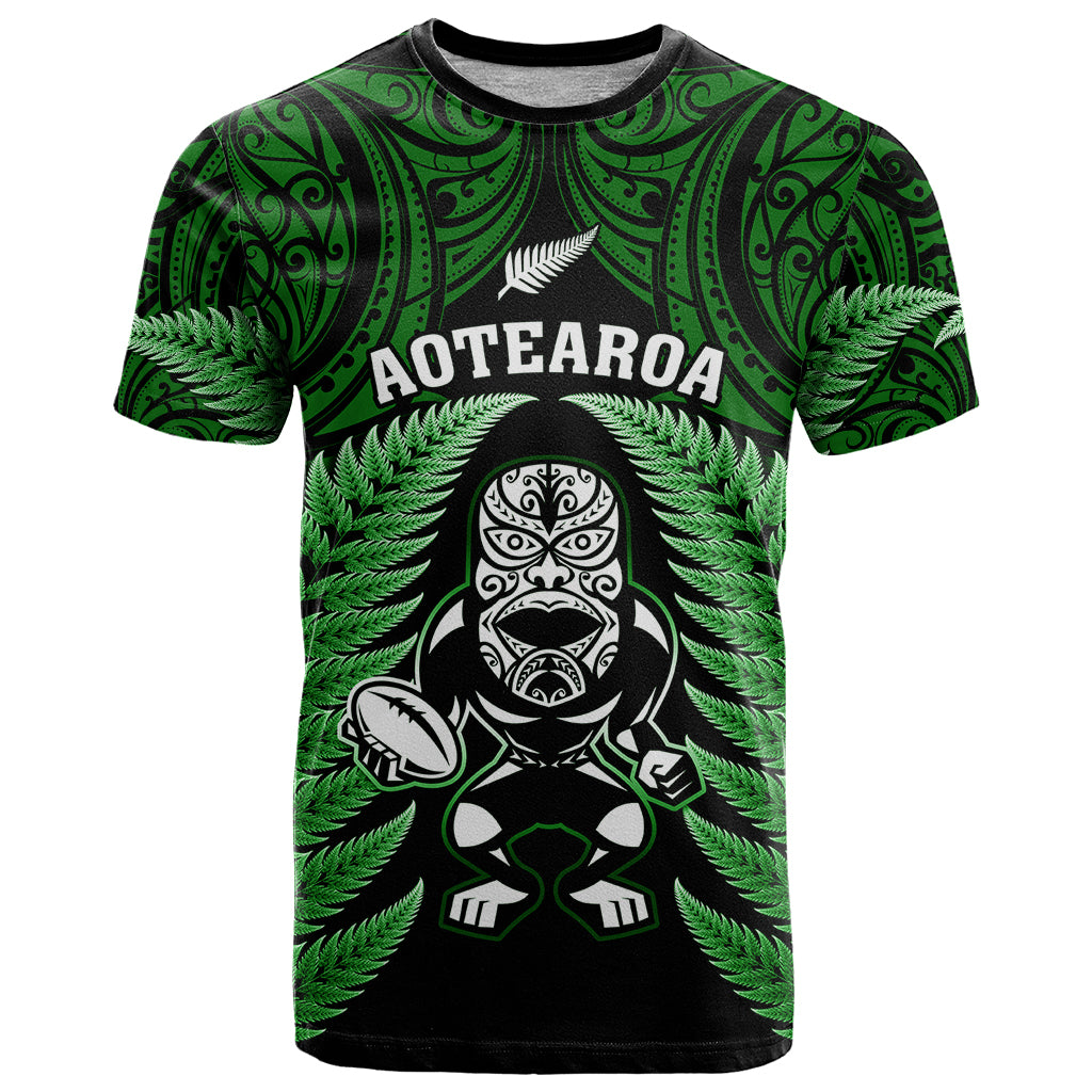 New Zealand Aotearoa Rugby T Shirt NZ Tiki With Maori Fern World Cup Green Version - Vibe Hoodie Shop