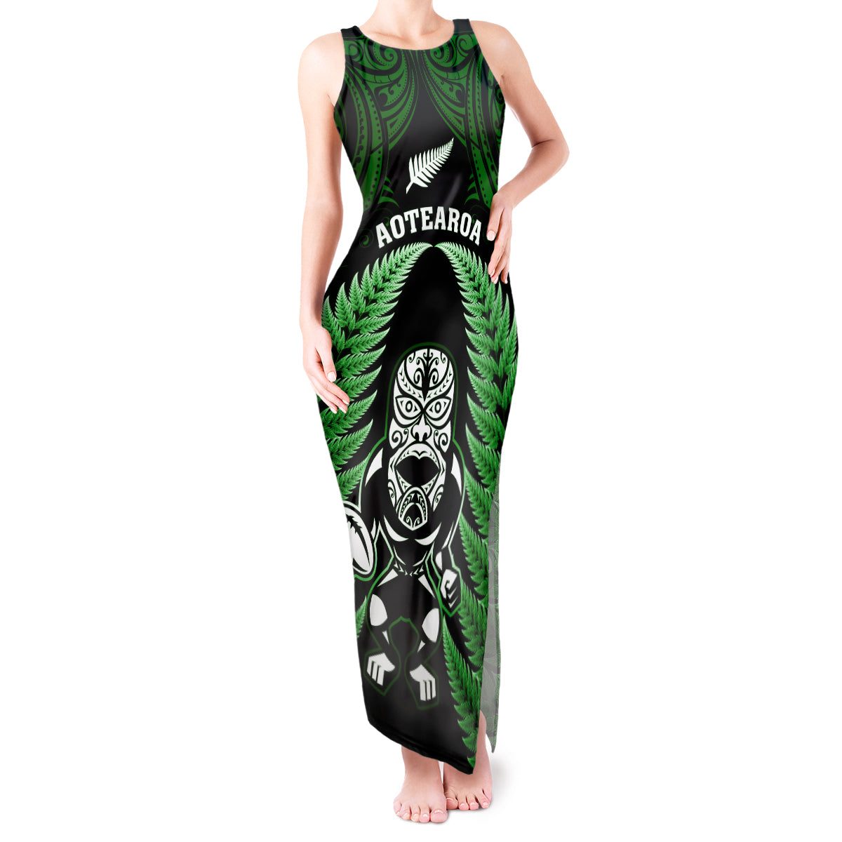 new-zealand-aotearoa-rugby-tank-maxi-dress-nz-tiki-with-maori-fern-world-cup-green-version