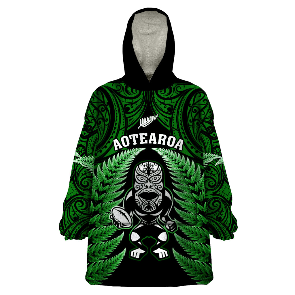 New Zealand Aotearoa Rugby Wearable Blanket Hoodie NZ Tiki With Maori Fern World Cup Green Version - Vibe Hoodie Shop