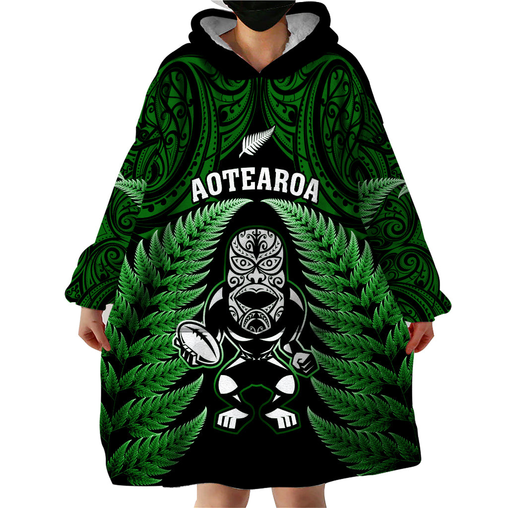 New Zealand Aotearoa Rugby Wearable Blanket Hoodie NZ Tiki With Maori Fern World Cup Green Version - Vibe Hoodie Shop