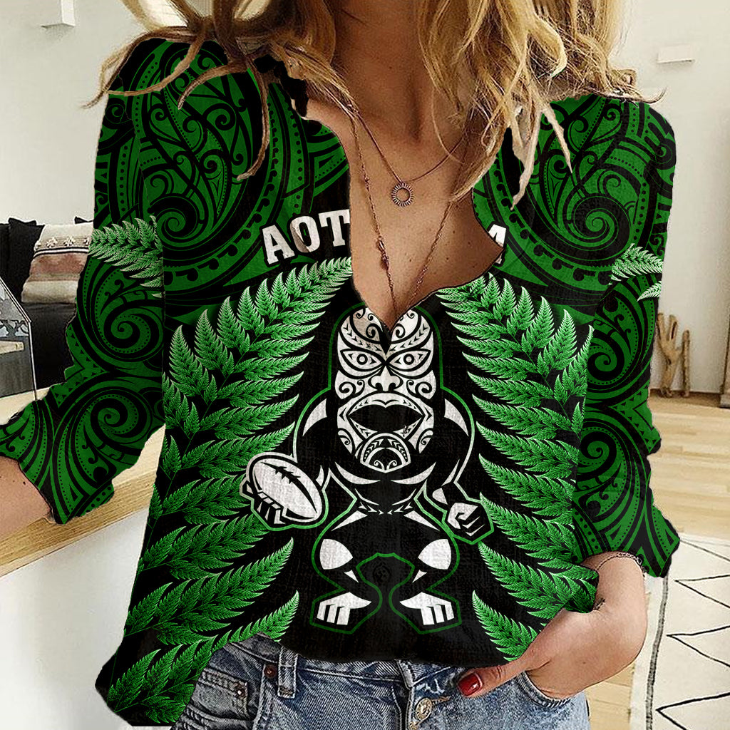 New Zealand Aotearoa Rugby Women Casual Shirt NZ Tiki With Maori Fern World Cup Green Version - Vibe Hoodie Shop