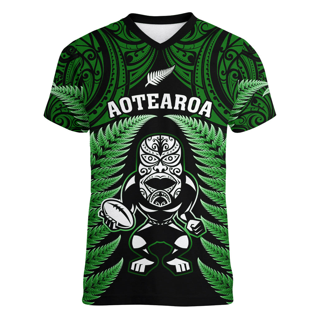 New Zealand Aotearoa Rugby Women V Neck T Shirt NZ Tiki With Maori Fern World Cup Green Version - Vibe Hoodie Shop