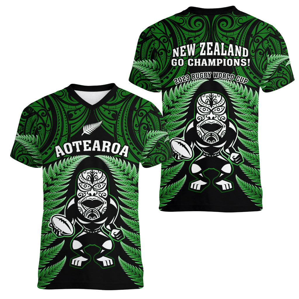 New Zealand Aotearoa Rugby Women V Neck T Shirt NZ Tiki With Maori Fern World Cup Green Version - Vibe Hoodie Shop
