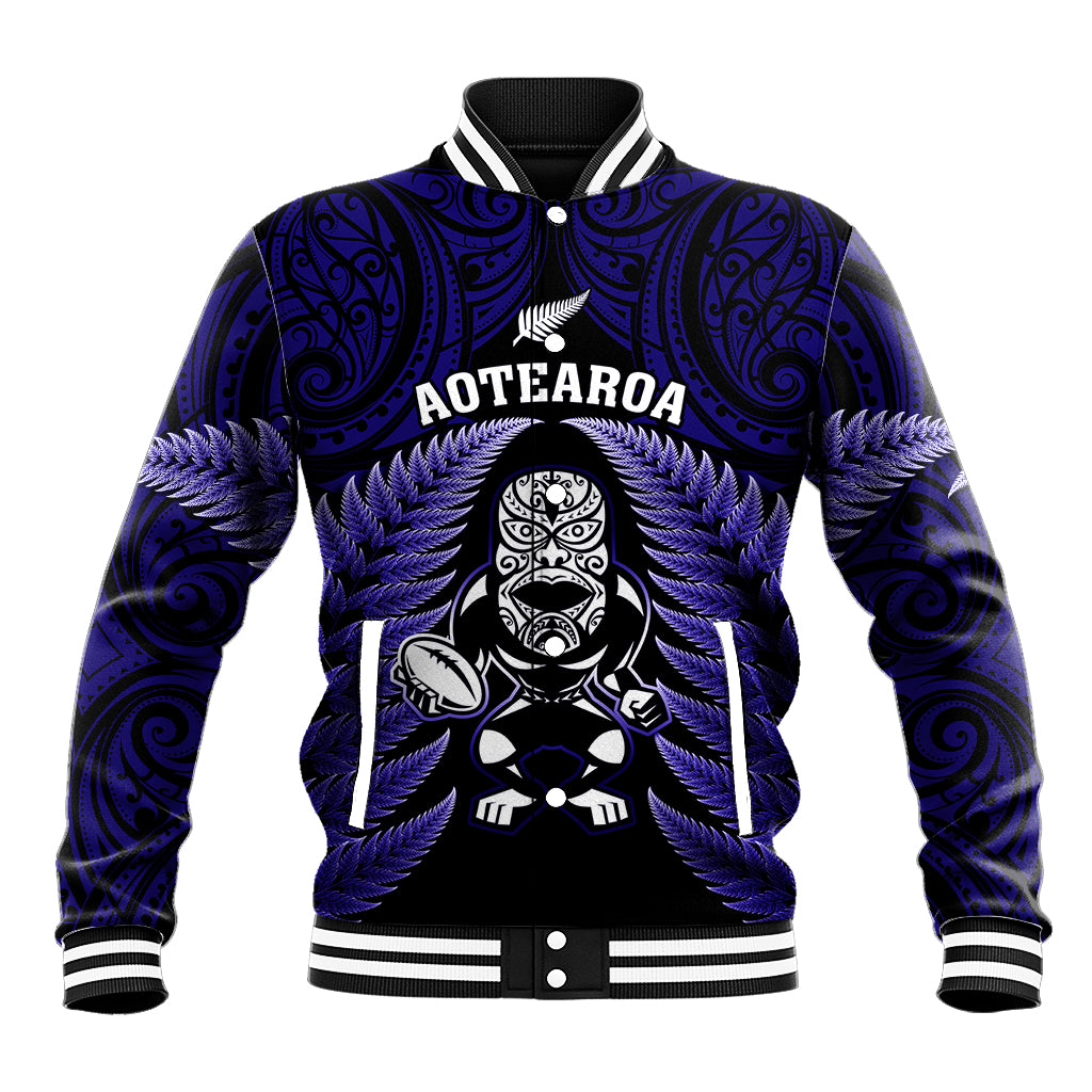 New Zealand Aotearoa Rugby Baseball Jacket NZ Tiki With Maori Fern World Cup Blue Version - Vibe Hoodie Shop
