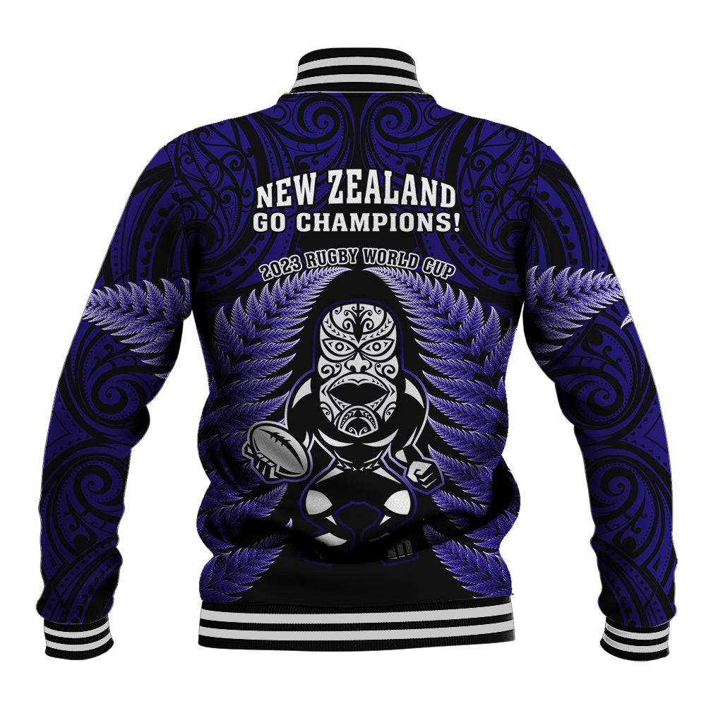 New Zealand Aotearoa Rugby Baseball Jacket NZ Tiki With Maori Fern World Cup Blue Version - Vibe Hoodie Shop