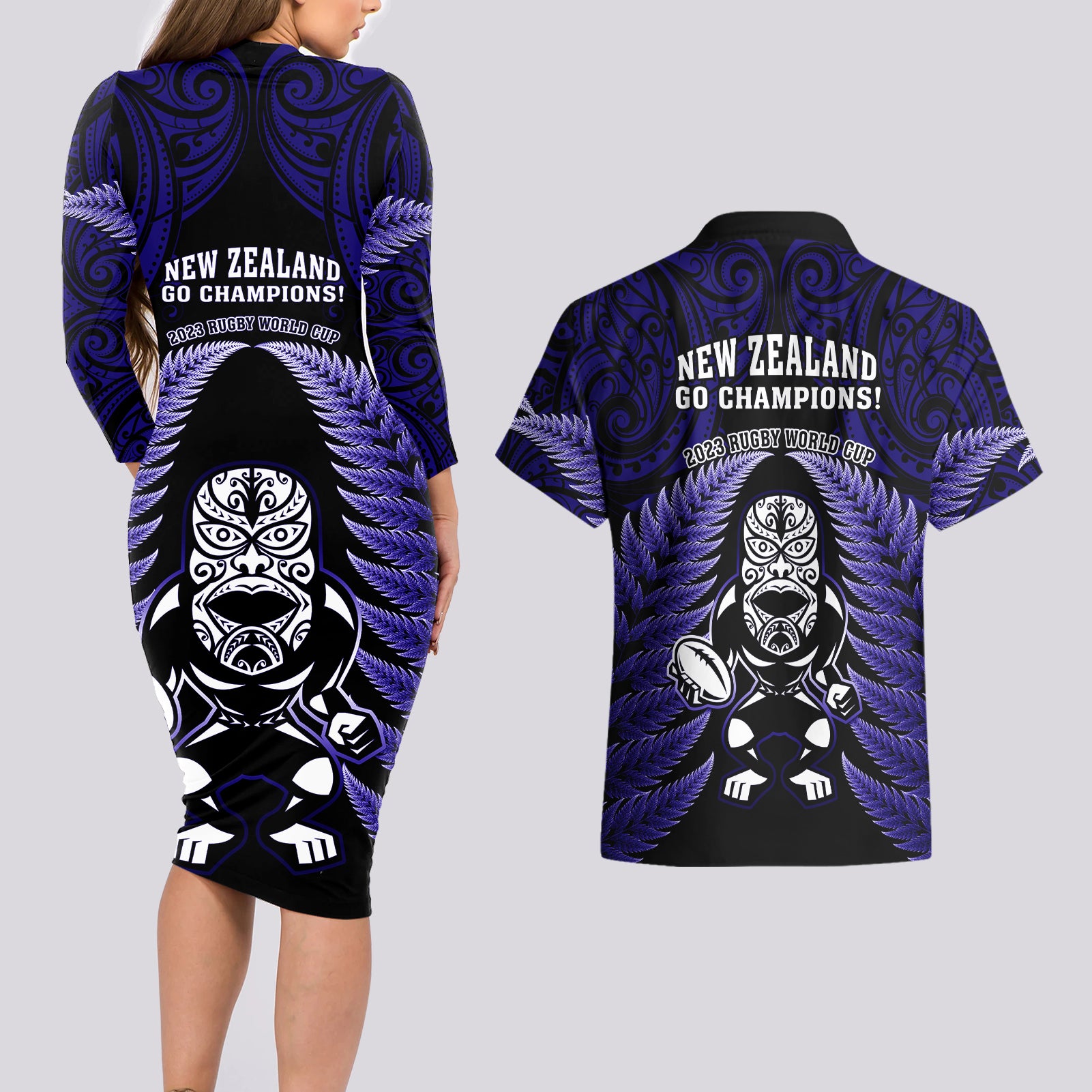 new-zealand-aotearoa-rugby-couples-matching-long-sleeve-bodycon-dress-and-hawaiian-shirt-nz-tiki-with-maori-fern-world-cup-blue-version
